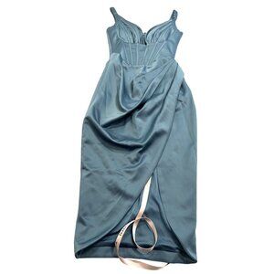 House of CB Faye Satin Corset Midi Dress in Blue